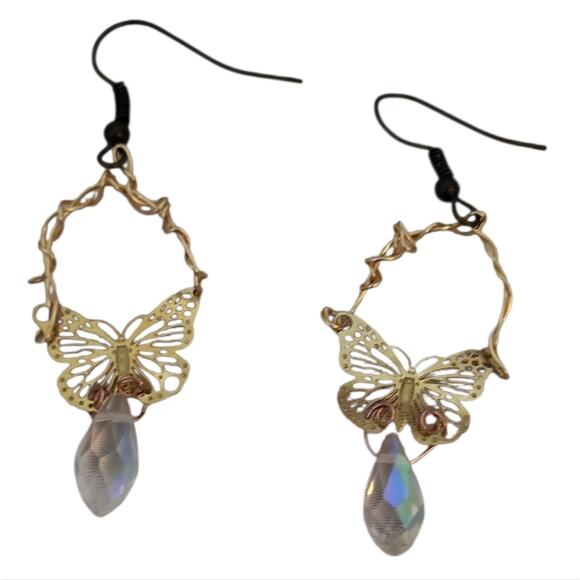 18K Gold Plated Butterfly Earrings AB Teardrop Beads Filigree Stainless - Picture 2 of 2